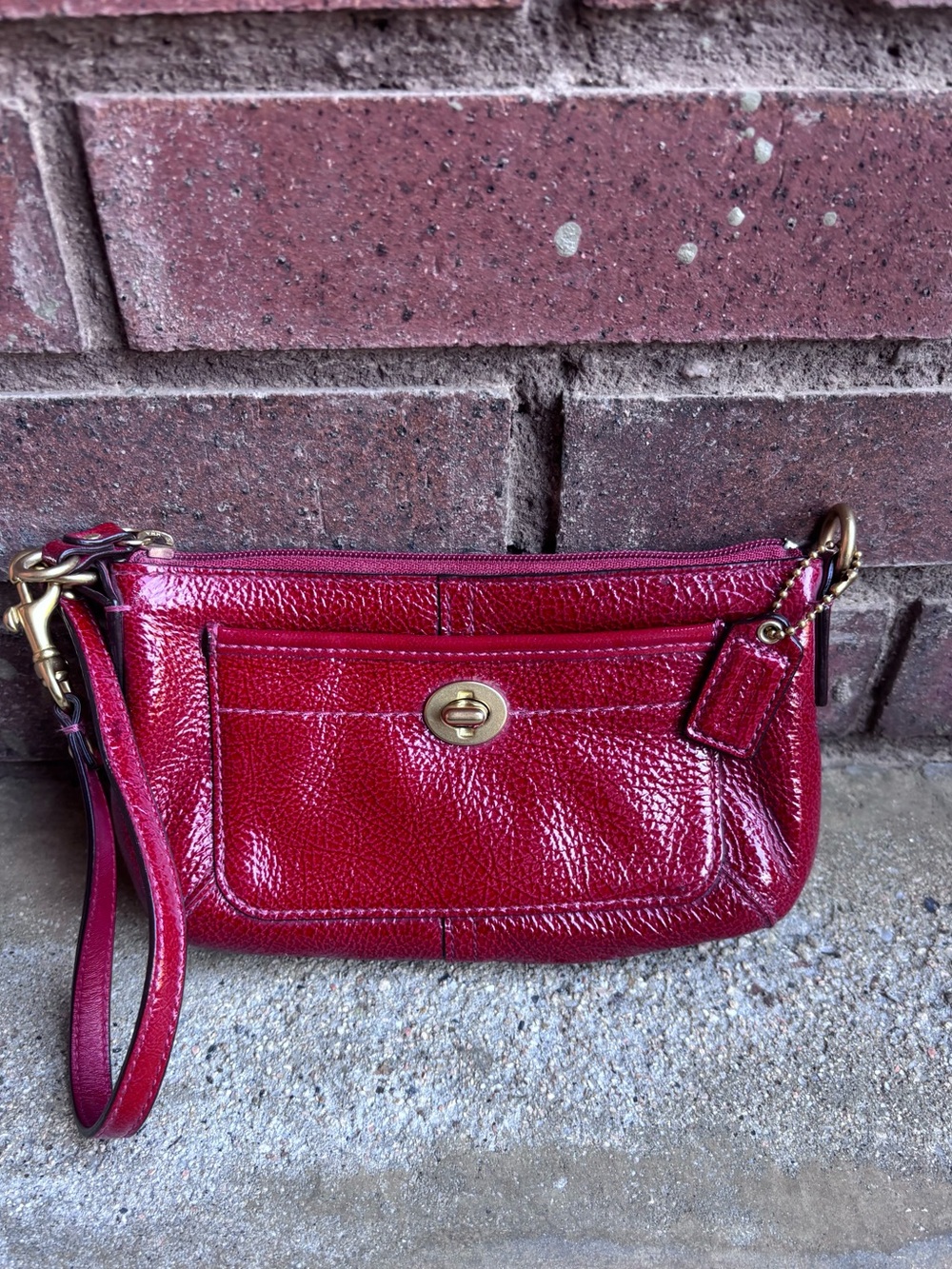Coach Red Pebbled Leather Wristlet with Turnlock